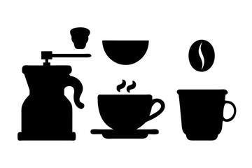 Black silhouette icons of coffee cup bean maker grinder and pot on a white isolated background.vector icon
