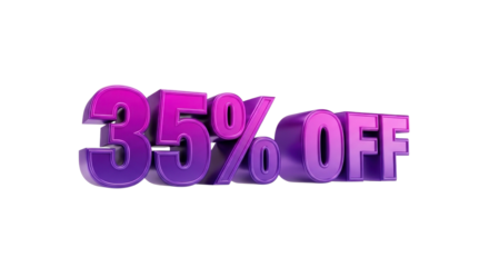 3D render of '35% OFF' glossy purple text isolated on white background. Sale promotion graphic design.