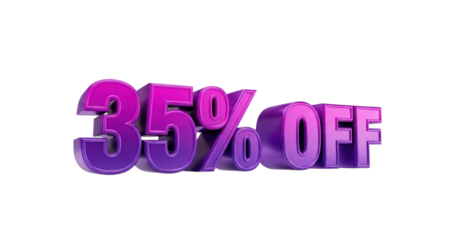 3D render of '35% OFF' glossy purple text isolated on white background. Sale promotion graphic design.