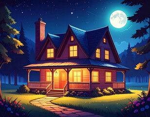Fototapeta premium Cozy night home in woods