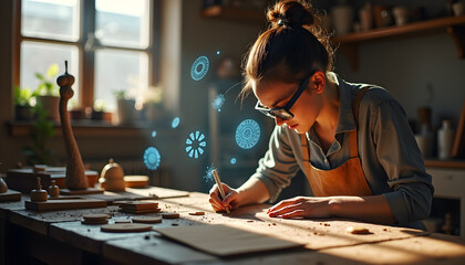 Local Artisan Using Augmented Reality Glasses to Shape Wooden Sculpture in Workshop