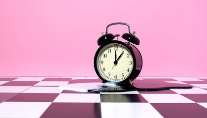A black alarm clock melts onto a checkered floor against a pink backdrop; surreal, time distortion