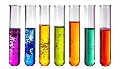 Seven glass test tubes, each containing a different vibrantly colored liquid, are arranged in a row against a white background