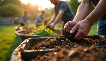 Community Composting in Action with Locals Adding Organic Waste, Sustainable Living Concept