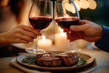 A couple's hands holding glasses of red wine and a plate with two grilled steaks garnished with rosemary