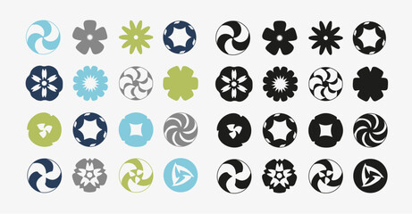 Brutalist abstract geometric shapes. Y2K Geometric design element shapes. Figures, stars, spiral flower and circles. Bauhaus memphis design geometric silhouette elements design