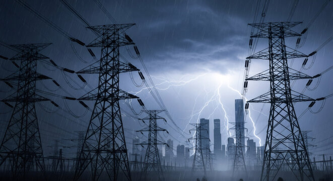 Electric pylons and power lines extend across a cityscape during a severe thunderstorm with lightning striking a building. Energy crisis concept.