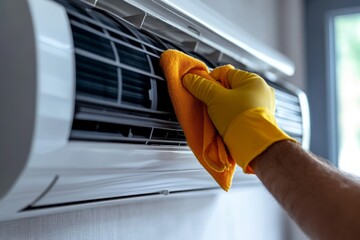 Hand wearing yellow glove wipes the air conditioner vent with an orange cloth