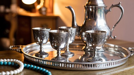 Elegant antique silver tea set with ornate goblets and pearls evokes luxury and timeless sophistication for discerning collectors