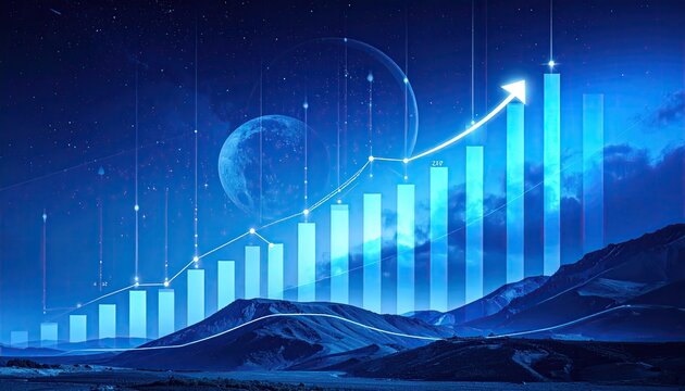 Dynamic Blue Bar Graph Ascending Over Dark Mountain Landscape with Starry Night and Financial Growth Theme