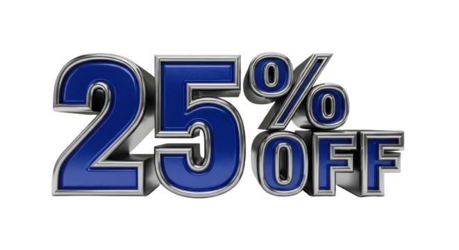 Blue and Silver Metallic 3D Text "25% OFF" isolated on a White Background