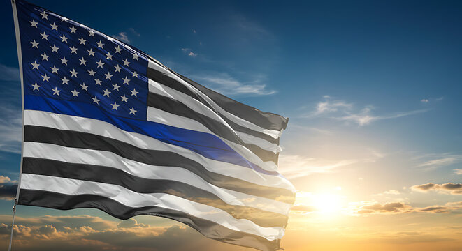American flag with thin blue line waving proudly against a dramatic sunset sky