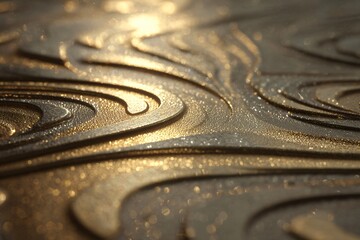 Close-up of golden ornate swirling pattern on textured surface with light reflections.