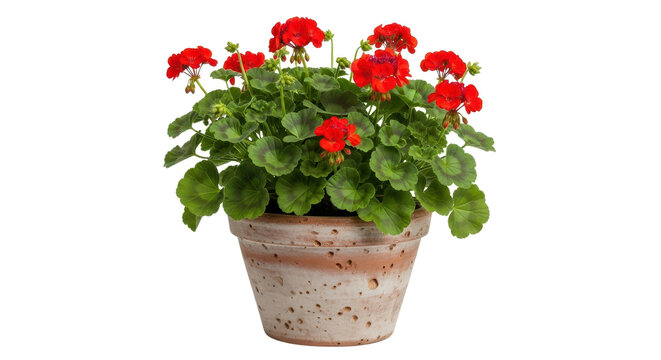 Red geranium flowering plant in ceramic pot isolated PNG with Transparent Background