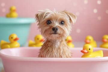 Adorable wet Yorkshire Terrier puppy in a pink bath with yellow rubber ducks