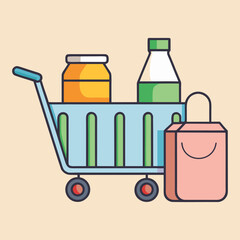 Flat Vector Grocery Shopping Illustration &ndash; Reusable Bag with Bottles and Jars, Eco-Friendly Market Concept. Flat Vector Grocery Shopping: vector , design, logo, icon, concept, template, topics, art.