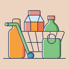 Flat Vector Grocery Shopping Illustration – Reusable Bag with Bottles and Jars, Eco-Friendly Market Concept. Flat Vector Grocery Shopping: vector , design, logo, icon, concept, template, topics, art.