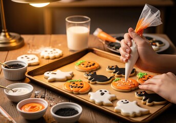 Decorating spooky halloween sugar cookies with colorful royal icing on a wooden kitchen table