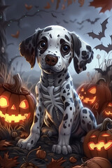Dalmatian Puppy Skeleton Costume – Cute Halloween Illustration, vivid colors 4K 5D