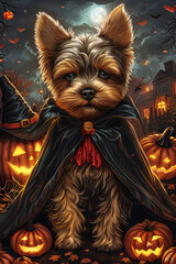 A cute Yorkshire Terrier puppy in little vampire costume - Funny Halloween Pet Art, 4K 5D vivid detail