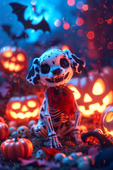 Dalmatian Puppy Skeleton Costume – Cute Halloween Illustration, vivid colors 4K 5D