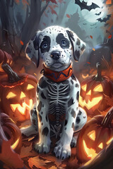 Dalmatian Puppy Skeleton Costume – Cute Halloween Illustration, vivid colors 4K 5D