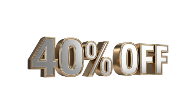 "40% OFF" 3D Text Sale Indicator Isolated. Silver and Gold Metallic Discount Typography.