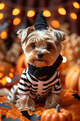 A very cute Yorkshire Puppy Skeleton Costume – Cute Halloween Illustration, vivid colors 4K 5D
