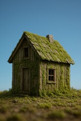 old rustic miniature wooden house entirely covered in green algae and moss, abandoned fairytale home