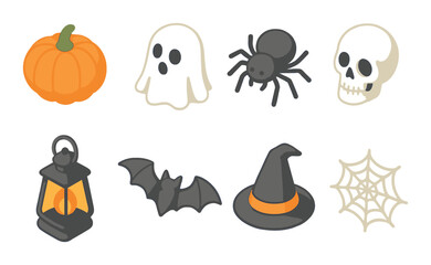 Halloween icons of pumpkin, ghost, spider, skull, lantern, bat, witch hat, and spiderweb glow