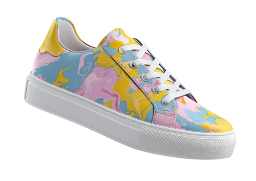 A single sneaker with a colorful marbled pattern and white shoelaces isolated on transparent background - Powered by Adobe