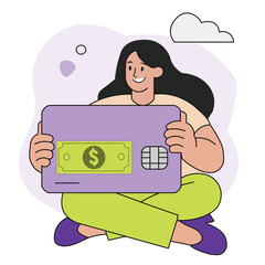 Flat vector illustration of woman sitting and holding giant credit card with dollar sign, symbolizing digital wallet, online payment, and financial security.