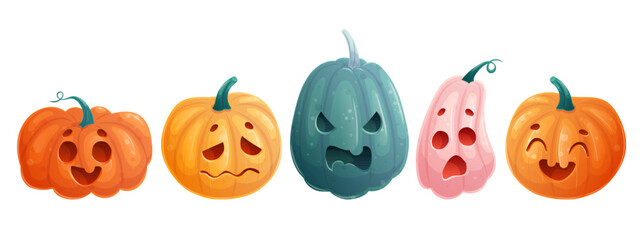 A set of colorful Halloween pumpkins on a white background. The main symbol of the merry Halloween holiday. Isolated vector illustration for stickers, design, decoration.