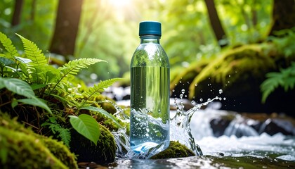 Water bottle splash in forest stream