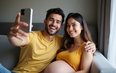 Couple with pregnant woman make video call, taking selfie, spend leisure at home enjoy modern tech. High quality