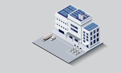Isometric view of a modern building with rooftop solar panels and EV charging stations. Concept for sustainable energy, green tech, and smart city infrastructure. Vector EPS10.