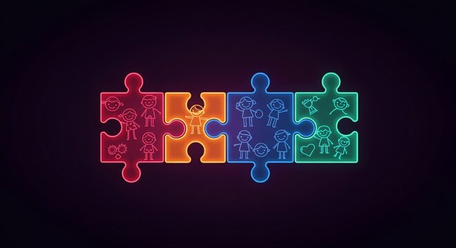 Colorful Puzzle Pieces with Children Representing Diversity Together