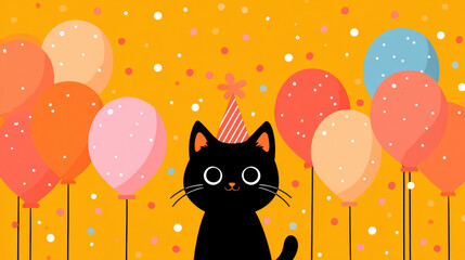Black cat wearing party hat surrounded by pastel orange, pink, and red balloons on yellow confetti background, cheerful celebration