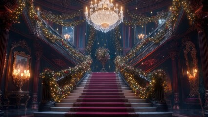 Grand staircase decorated with Christmas garlands