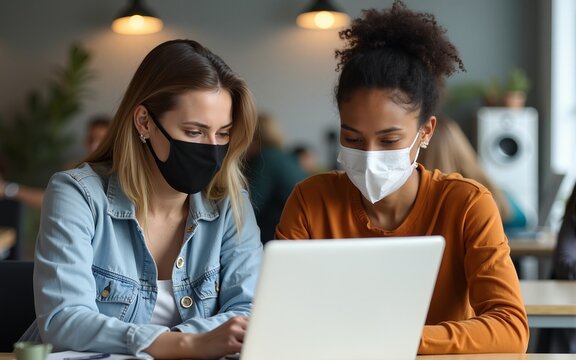 Women in startup workplace wearing masks, collaborating with laptop on creative projects in office. High quality