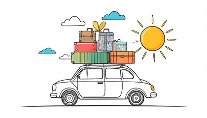 Hand drawn car loaded with luggage for a summer road trip vacation.