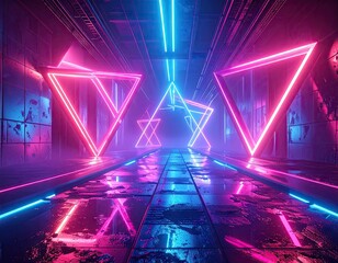 Futuristic Neon Glowing Triangles Corridor