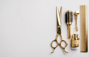 Collection of professional barber and salon equipment such as scissors, combs, brushes, and hairdryers arranged in a flat lay for beauty, hairstyle, grooming, and hairdressing concepts.