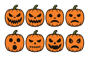Variety of expressive jack-o'-lantern faces on an orange background