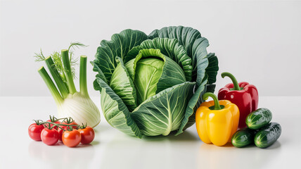 Assortment Of Fresh Vegetables Including Cabbage Fennel Tomatoes Bell Peppers And Cucumbers image photo