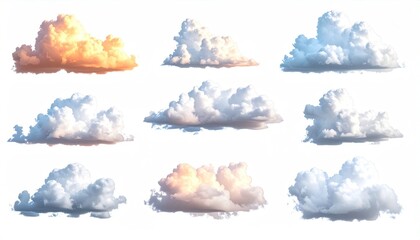 Nine isolated cumulus clouds, varying in color and shape, against a white background