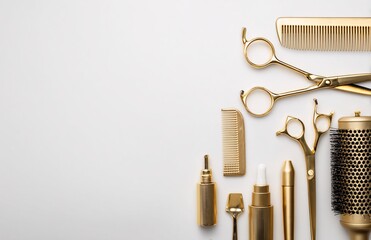 Collection of professional barber and salon equipment such as scissors, combs, brushes, and hairdryers arranged in a flat lay for beauty, hairstyle, grooming, and hairdressing concepts.