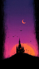 Silhouette castle gradient purple to black sky crescent moon bats sunset fantasy mysterious enchanting night