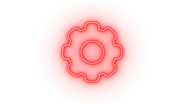 A red neon gear icon isolated on transparent background, symbolizing settings, mechanics, and engineering with a modern and vibrant design aesthetic