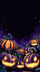 Glowing pumpkin Halloween dark purple spooky night vector background orange eerie celebration Glowing pumpkin Halloween dark purple spooky night